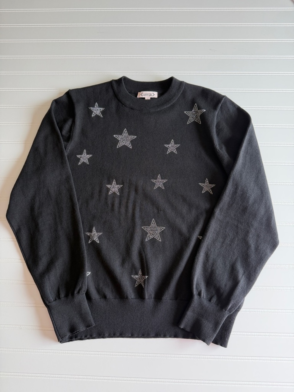 Black Women’s Celestial Sweater Silver Stars Rhinestone Accents Size L